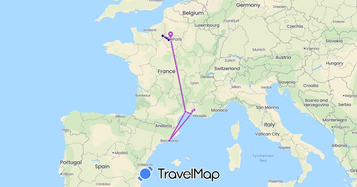 TravelMap itinerary: driving, train in Spain, France (Europe)